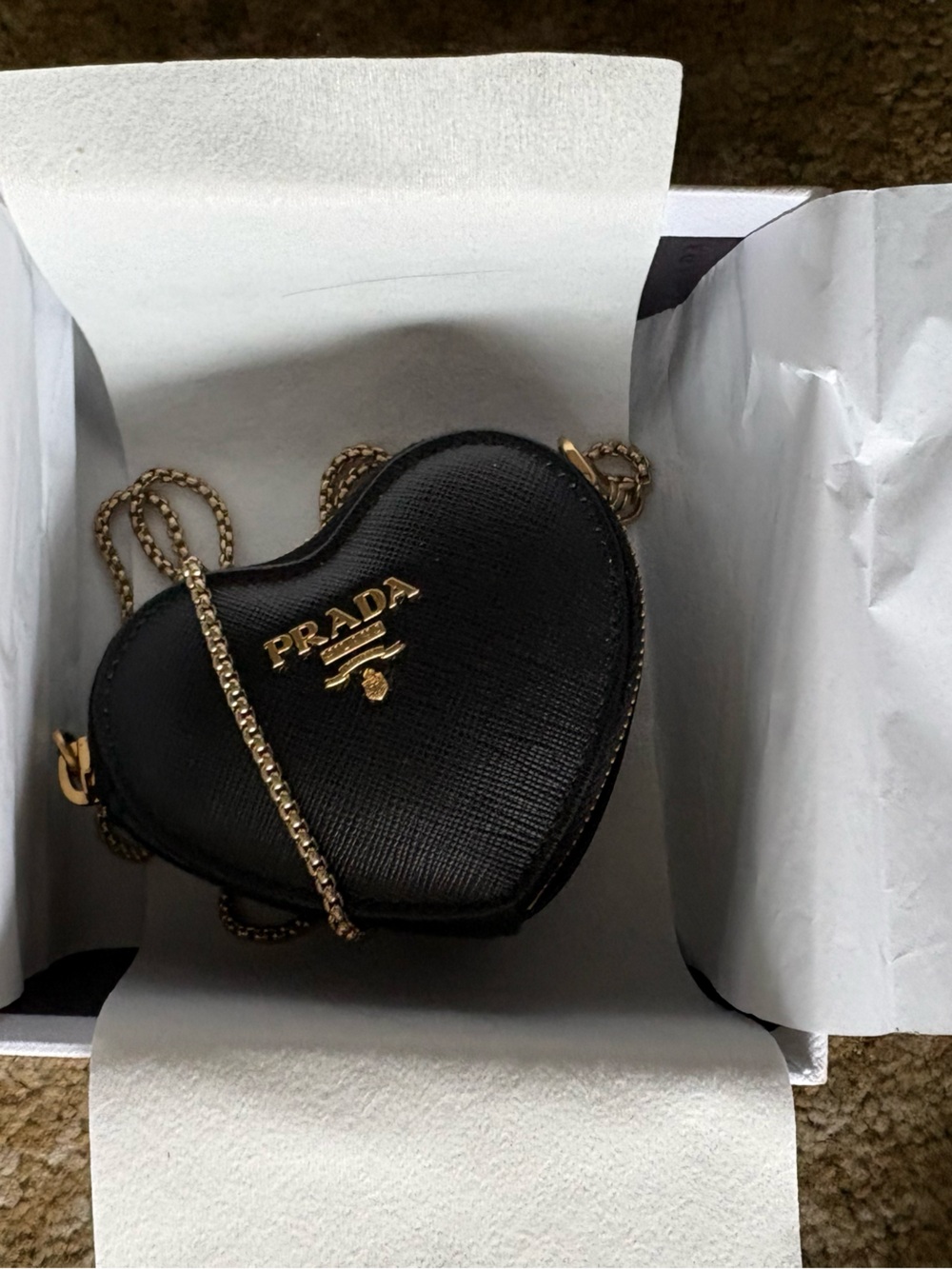 PRADA Heart Crossbody Coin Purse Black Saffiano Leather Gold Chain